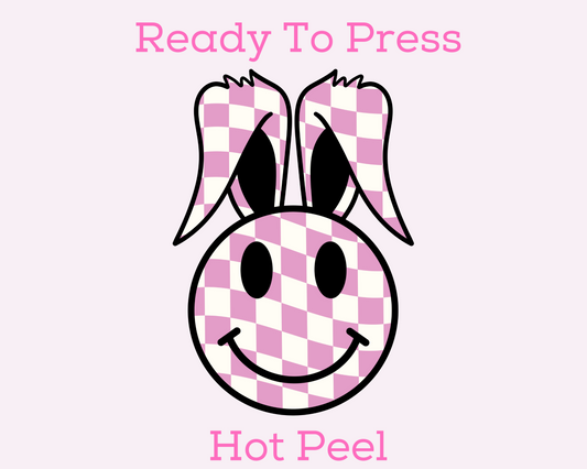 Pink Checkered Happy Bunny Easter DTF TRANSFER or UV DTF STICKER or UV DTF STICKER