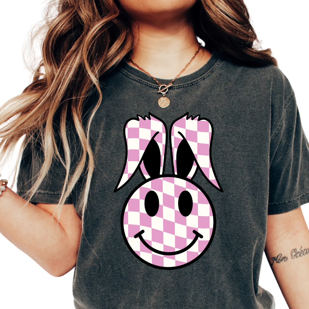 Pink Checkered Happy Bunny Easter DTF TRANSFER or UV DTF STICKER or UV DTF STICKER