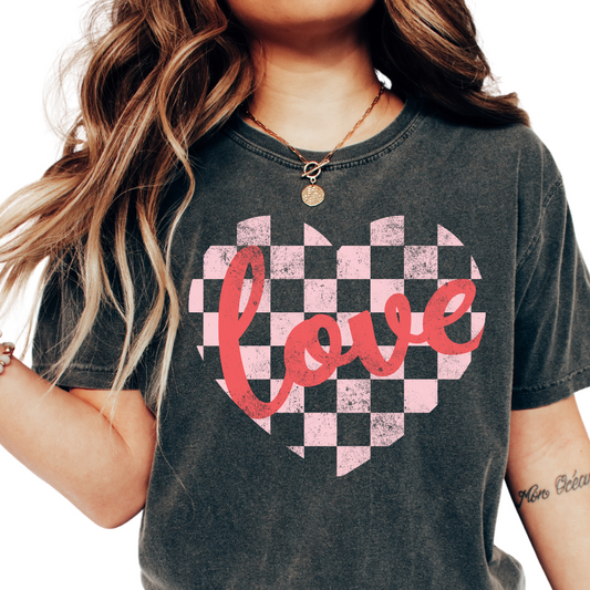 Love Checkered Heart (Distressed) Valentine's Day DTF TRANSFER