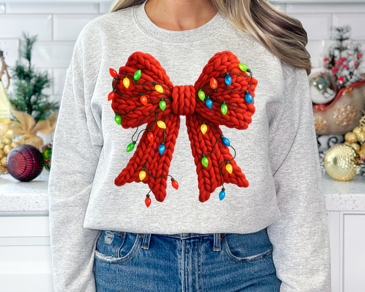 You Just found the cutest Christmas sweatshirt for the holiday season! This cozy Red Faux Yarn Bow with Lights Christmas Sweatshirt is perfect for kids and adult or a mommy and me matching Christmas sweatshirt