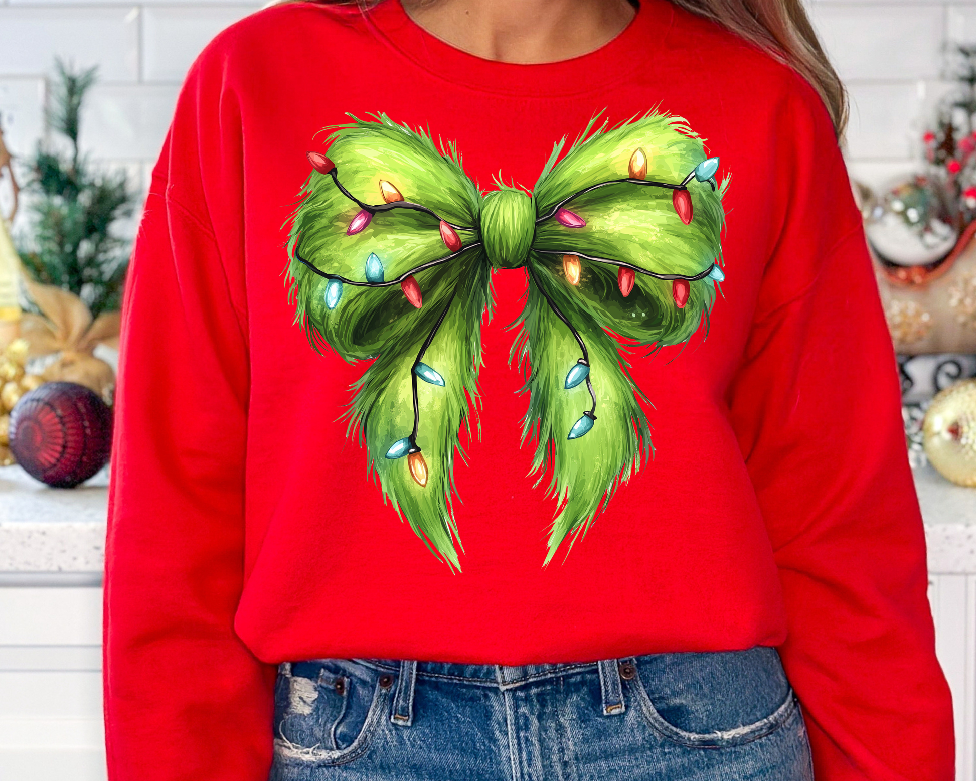 You Just found the cutest Christmas sweatshirt for the holiday season! This cozy Green Faux Grinch Bow Christmas Sweatshirt is perfect for kids and adult or a mommy and me matching Christmas sweatshirt