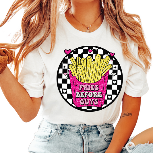 Fries Before Guys Checkered (Faux Sequins) Valentine's Day DTF TRANSFER