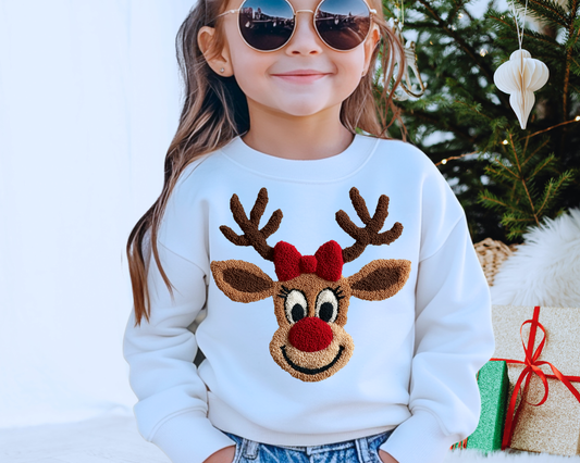You Just found the cutest Christmas sweatshirt for the holiday season! This cozy Faux Yarn Girl Red Nose Reindeer Christmas Sweatshirt is perfect for kids and adult or a mommy and me matching Christmas sweatshirt