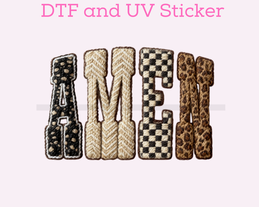 Faux Yarn Amen Religious DTF TRANSFER or UV DTF STICKER or UV DTF STICKER