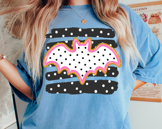 Bat Black Pink Stripes Polka Dot Halloween DTF TRANSFER