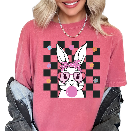 Checkered Bubblegum Bunny Easter DTF TRANSFER or UV DTF STICKER or UV DTF STICKER