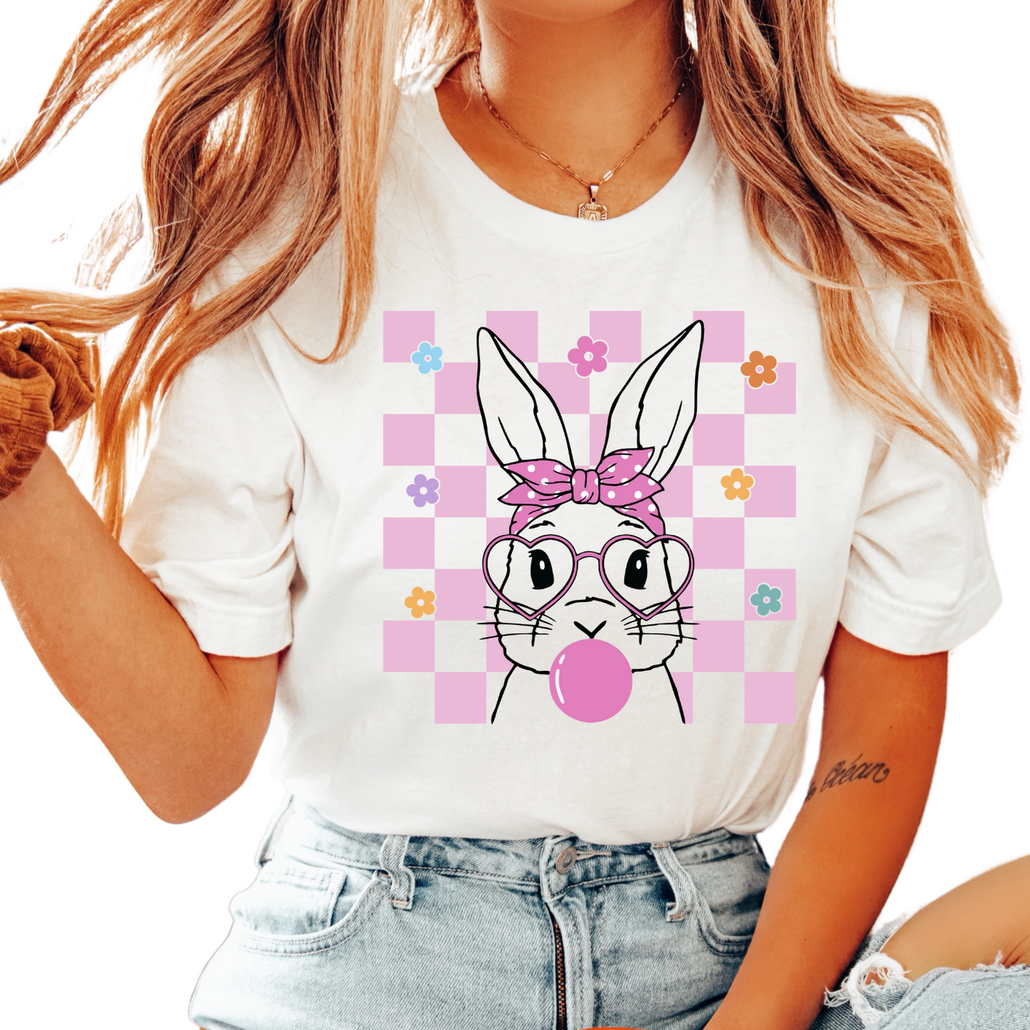 Pink Checkered Bubblegum Bunny Easter DTF TRANSFER or UV DTF STICKER