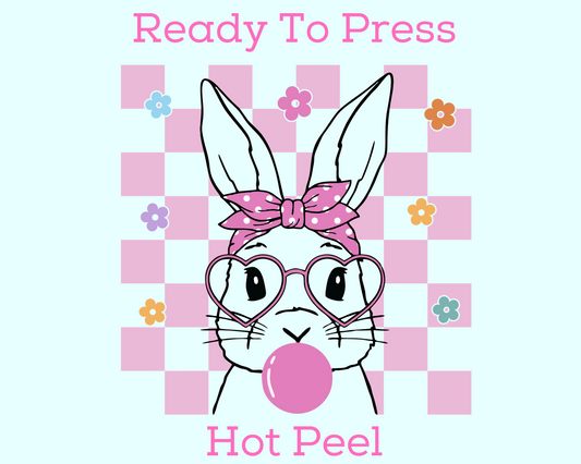 Pink Checkered Bubblegum Bunny Easter DTF TRANSFER or UV DTF STICKER