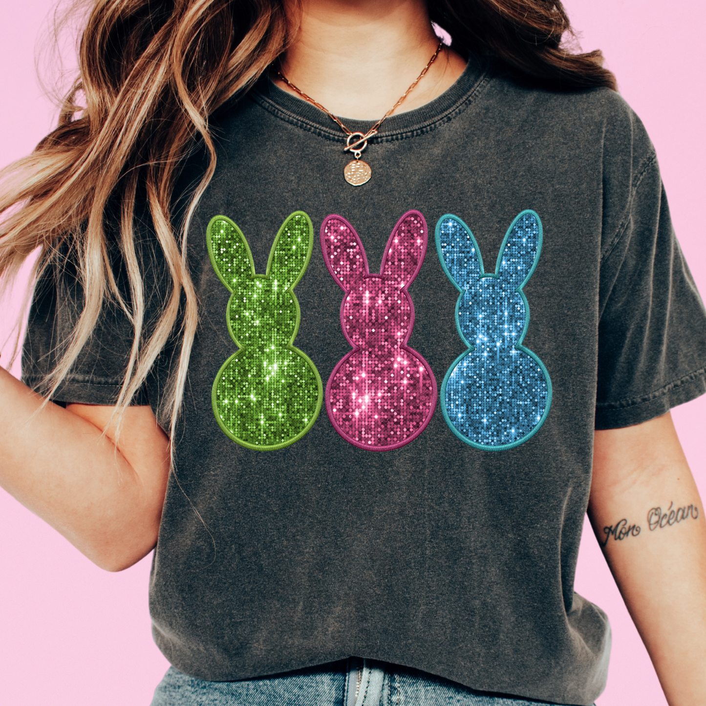 Faux Sequin Bunnies Easter DTF TRANSFER or UV DTF STICKER or UV DTF STICKER