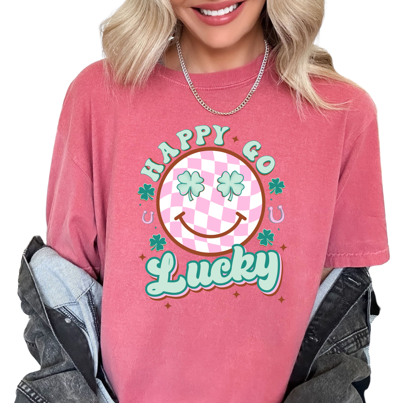 Happy Go Lucky (Pink Checkered) St. Patrick's Day DTF TRANSFER or UV DTF STICKER DECAL