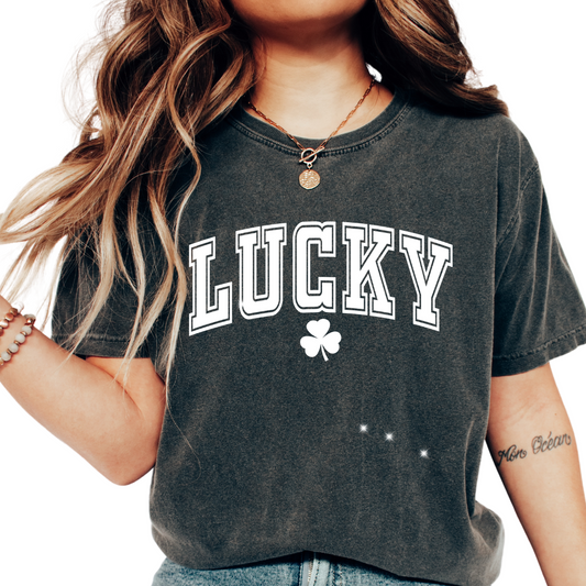 Varsity Lucky (White) St. Patrick's Day DTF TRANSFER or UV DTF STICKER
