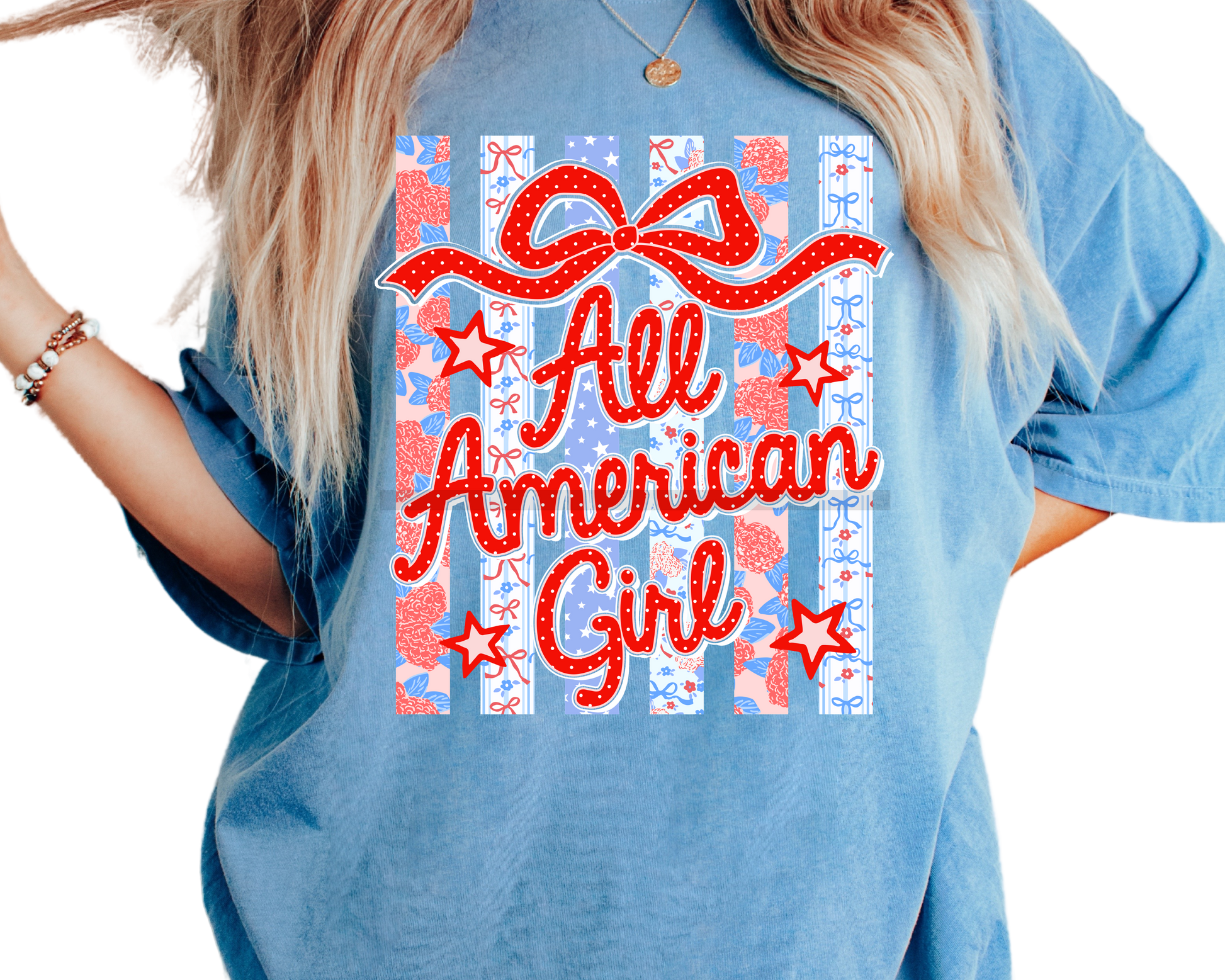 All American Girl Bow Stripes Patriotic 4th of July DTF TRANSFER