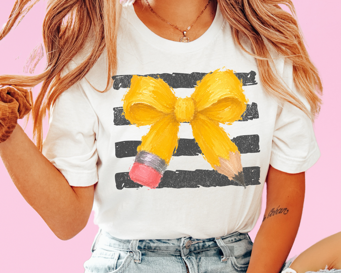 Pencil Bow School with Stripes Teacher DTF TRANSFER