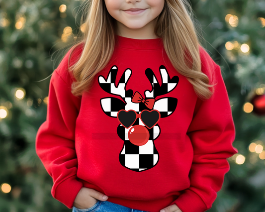 Black and White Checkered Girl Reindeer with Bubble Christmas DTF TRANSFER or UV DTF STICKER