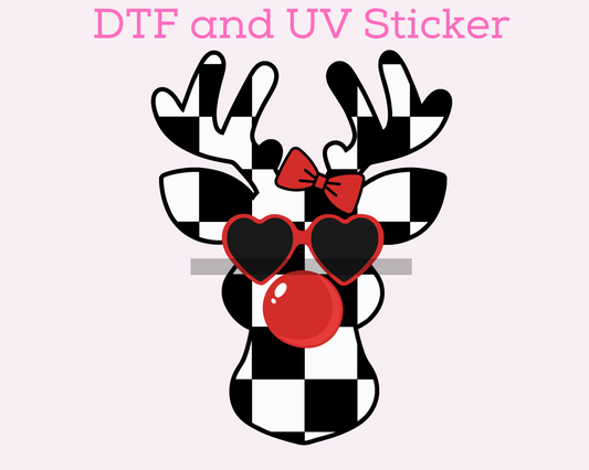Black and White Checkered Girl Reindeer with Bubble Christmas DTF TRANSFER or UV DTF STICKER