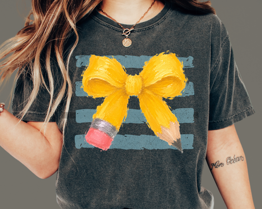 Pencil Bow School with Blue Stripes Teacher DTF TRANSFER