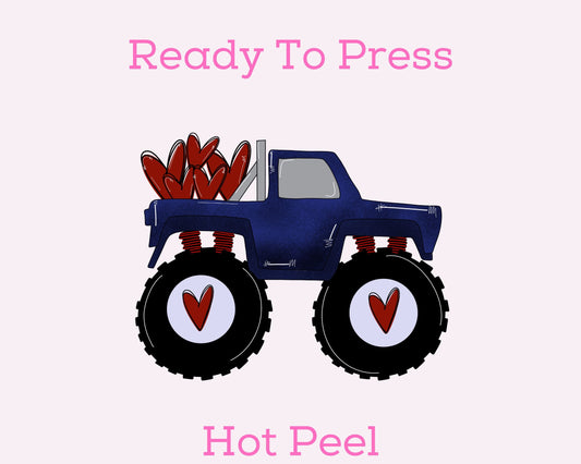 Blue Monster Truck and Hearts Boys Valentine's Day DTF TRANSFER
