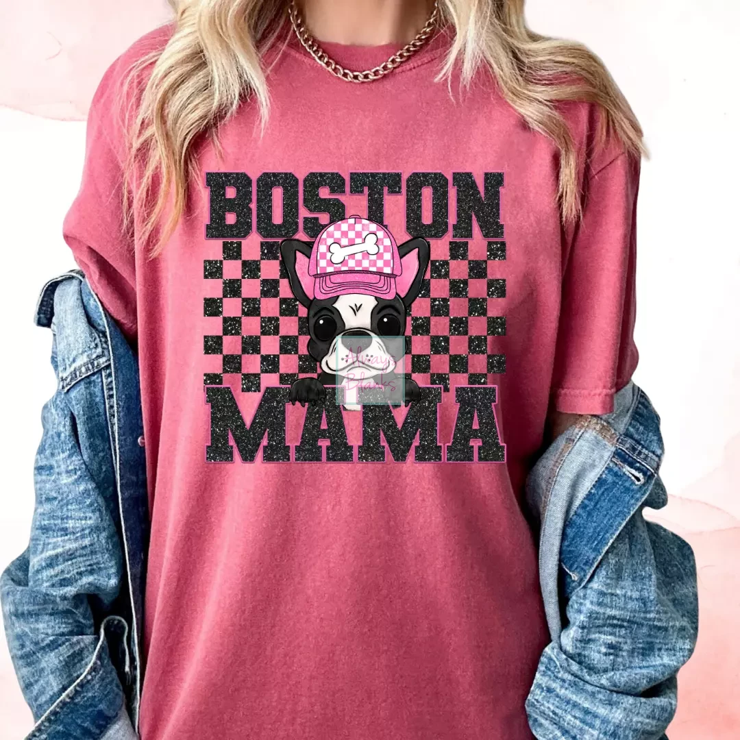 Boston Mama (Black) Faux Sequins Faux Embroidery Mom DTF TRANSFER or UV DTF STICKER DECAL