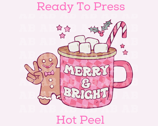 Merry And Bright Hot Cocoa Gingerbread Man Christmas DTF TRANSFER or UV DTF STICKER