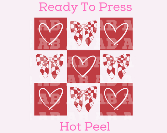 Hearts And Coquette Bows Checkered Valentine's Day DTF TRANSFER or UV DTF STICKER DECAL