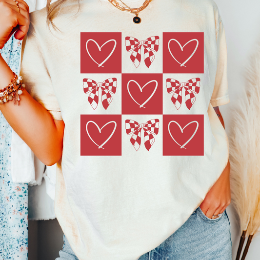 Hearts And Coquette Bows Checkered Valentine's Day DTF TRANSFER or UV DTF STICKER DECAL