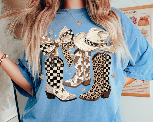Trendy Boots Neutral Leopard Checkered Western Cowgirl DTF TRANSFER
