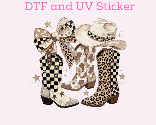 Trendy Boots Neutral Leopard Checkered Western Cowgirl DTF TRANSFER
