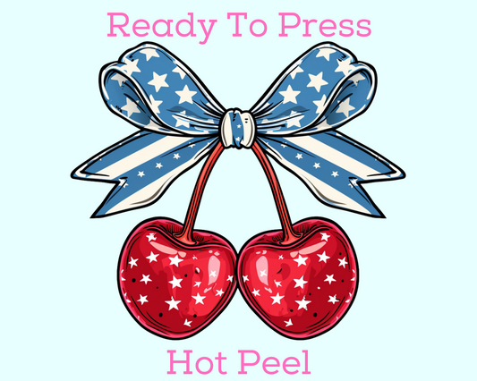 Coquette Bow Cherry 4th of July Patriotic DTF TRANSFER or UV DTF STICKER