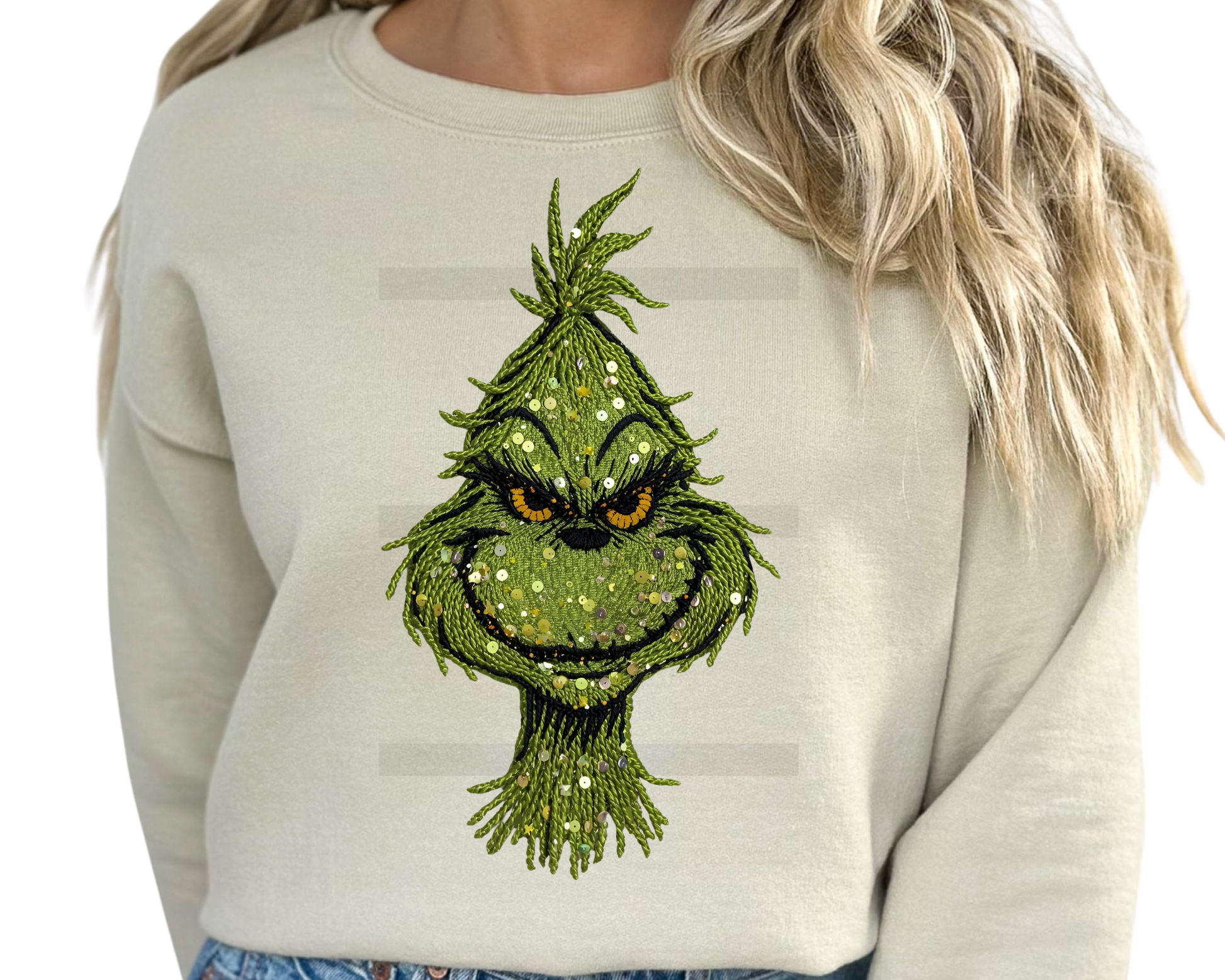 Green Man Faux Yarn and Sequins DTF TRANSFER or UV DTF STICKER