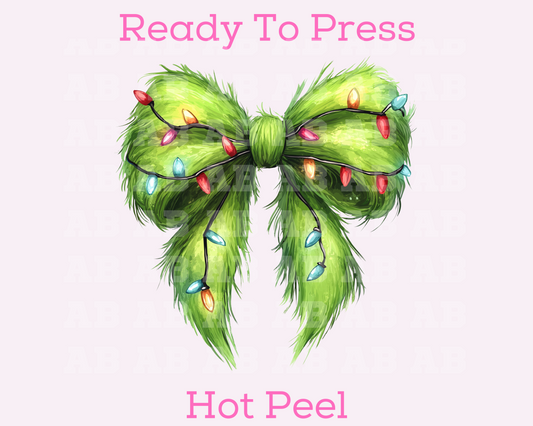 Fluffy Coquette Gr!nch Bow Christmas DTF TRANSFER  or UV DTF STICKER