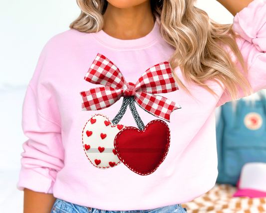 Faux Fabric Cherry Heart Valentine's Day DTF TRANSFER or UV DTF STICKER