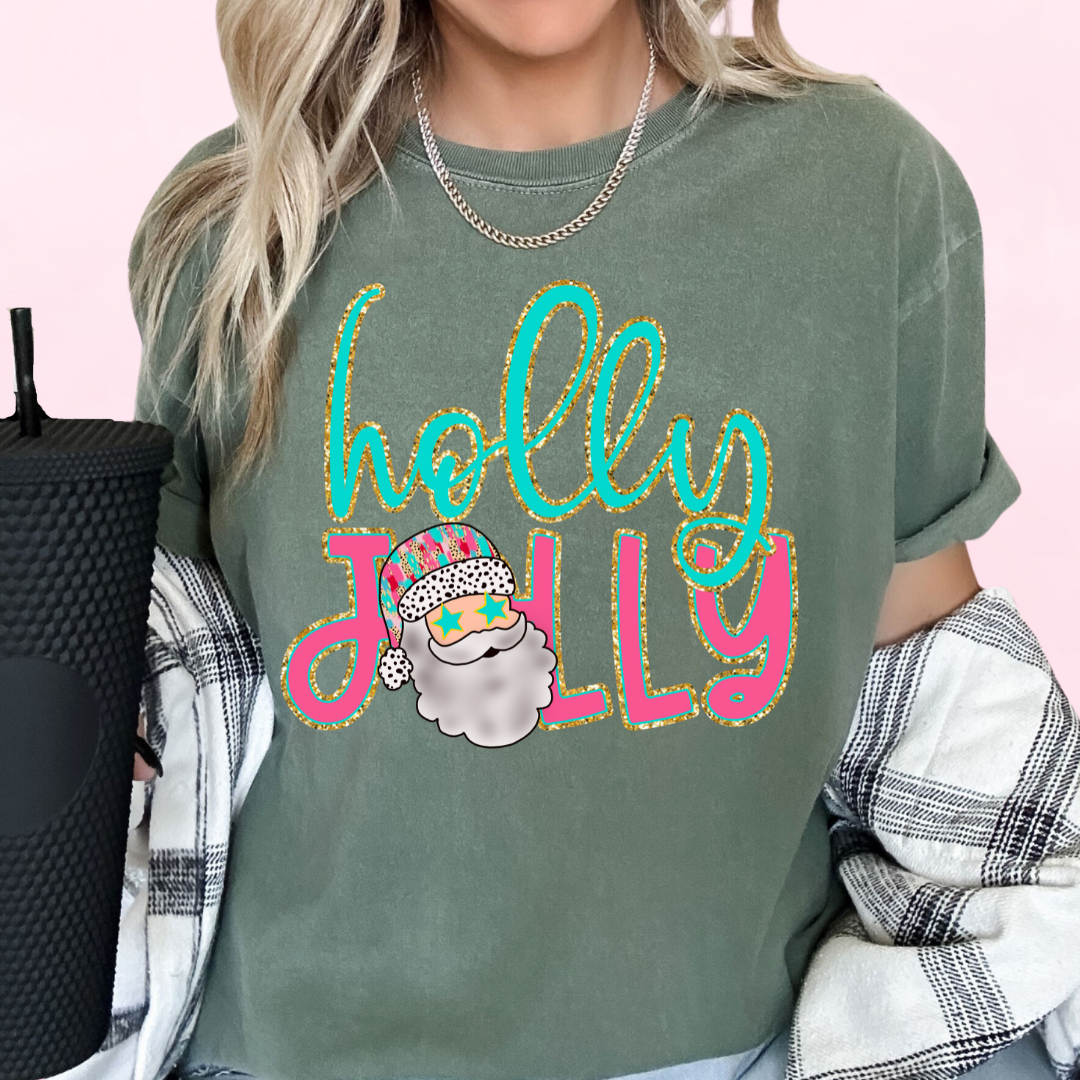 Holly Jolly Santa (Faux Glitter) Christmas DTF TRANSFER  or UV DTF STICKER