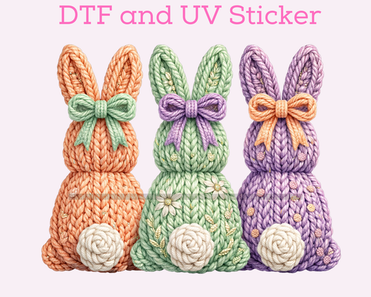 Faux Yarn Three Easter Bunnies DTF TRANSFER or UV DTF STICKER