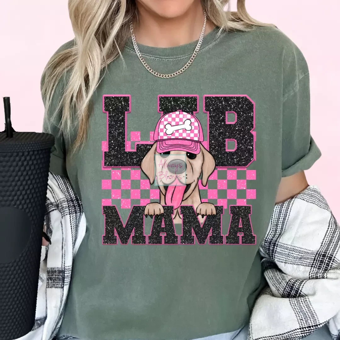 Lab Mama (Pink) Faux Sequins Faux Embroidery Mom DTF TRANSFER or UV DTF STICKER DECAL