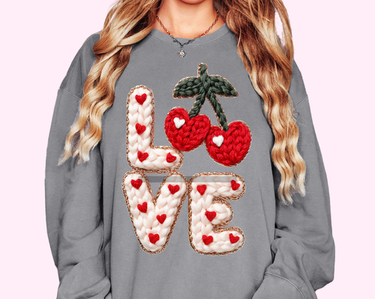 Faux Yarn Love Cherry Valentine's Day DTF TRANSFER or UV DTF STICKER