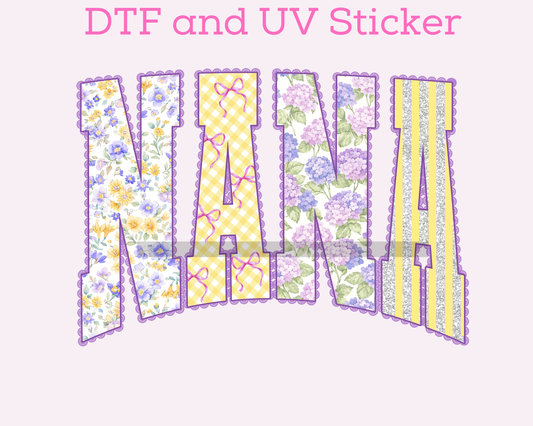 Nana Floral Preppy Varsity Letters DTF TRANSFER or UV DTF STICKER DECAL