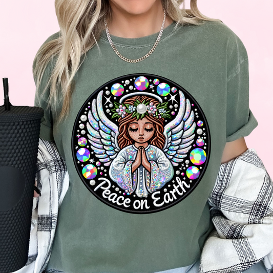 Faux Embroidery Peace On Earth Angel Christmas DTF TRANSFER or UV DTF STICKER