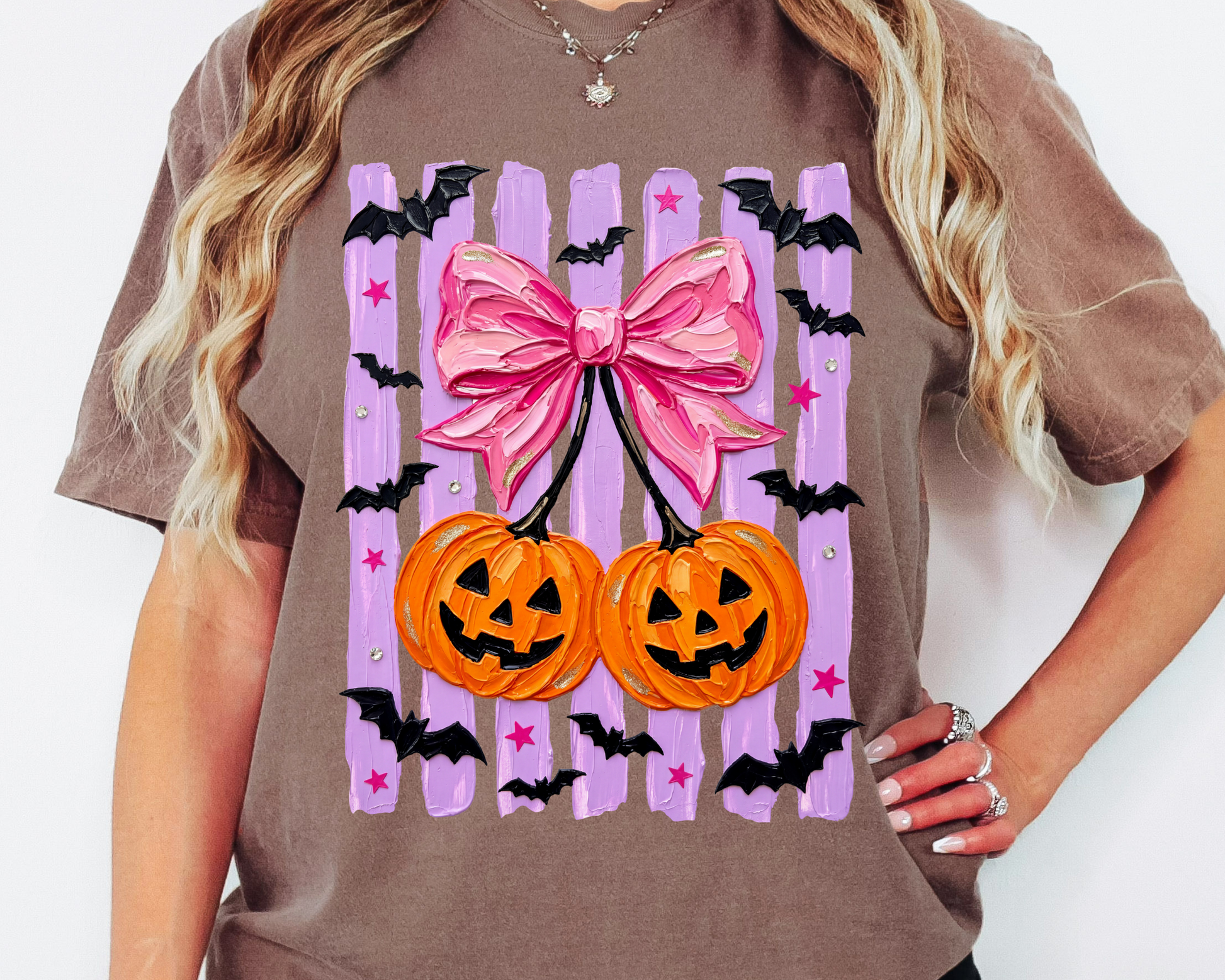 Pumpkin Cherry Bow Purple Stipes Halloween DTF TRANSFER