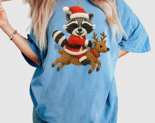 Faux Yarn Raccoon on Reindeer Christmas DTF TRANSFER