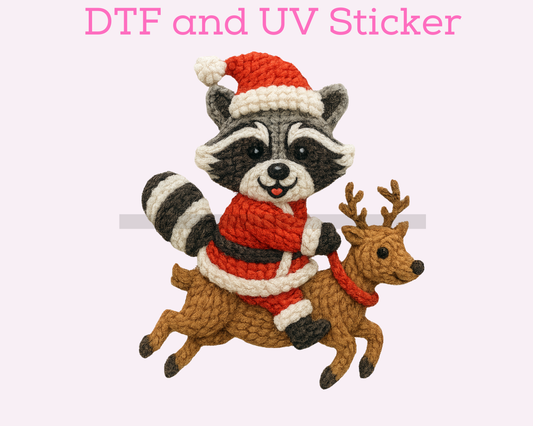 Faux Yarn Raccoon on Reindeer Christmas DTF TRANSFER