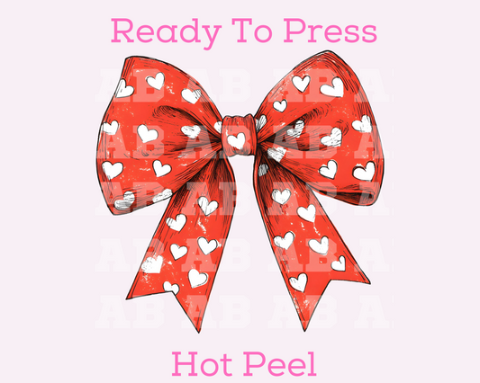 Red Coquette Bow With White Hearts Trendy Valentine's Day DTF TRANSFER or UV DTF STICKER DECAL