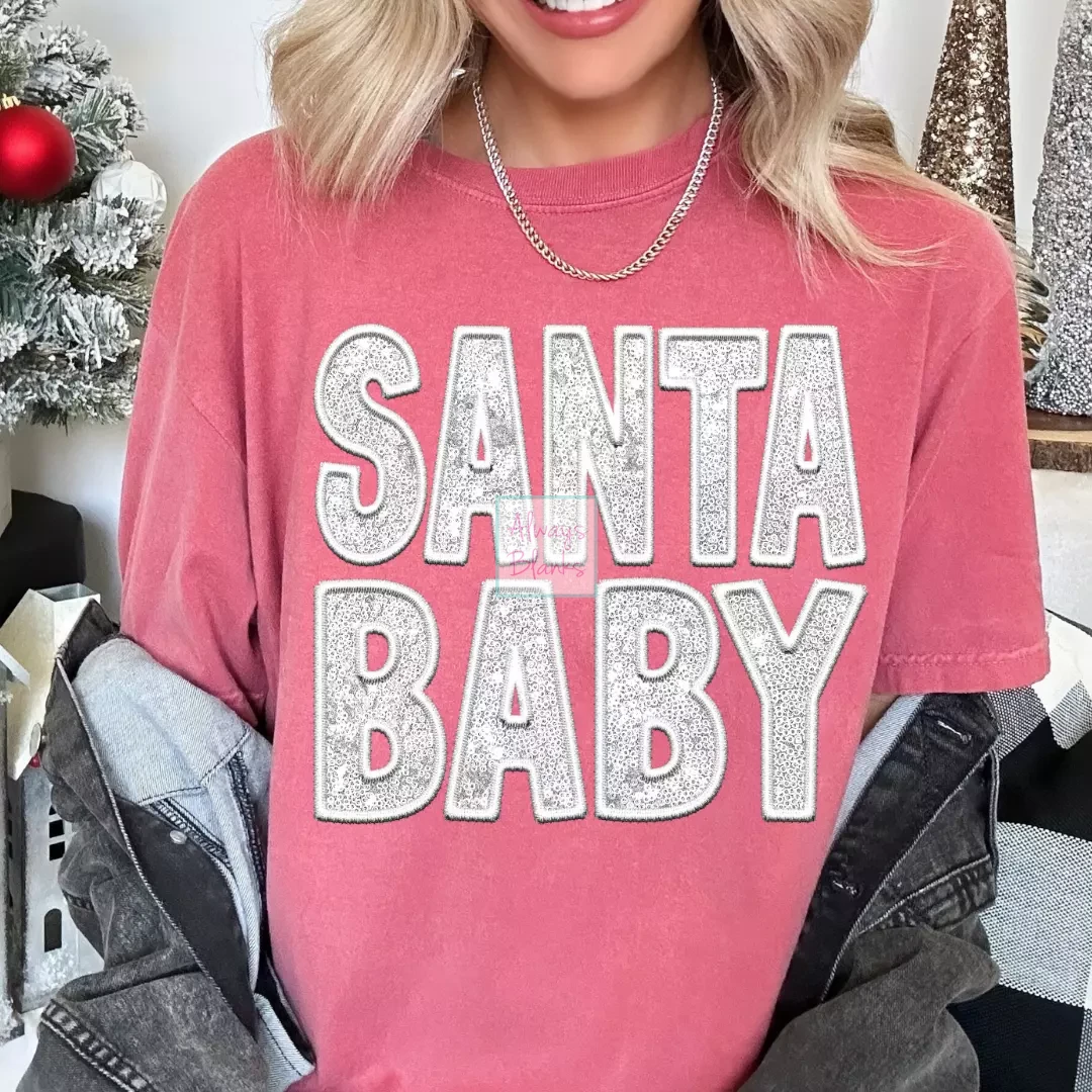 White Faux Sequins Faux Embroidery Santa Baby Christmas DTF TRANSFER  or UV DTF STICKER