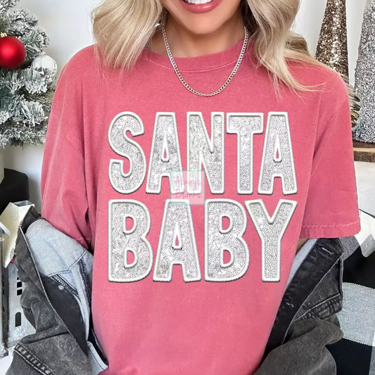 White Faux Sequins Faux Embroidery Santa Baby Christmas DTF TRANSFER  or UV DTF STICKER