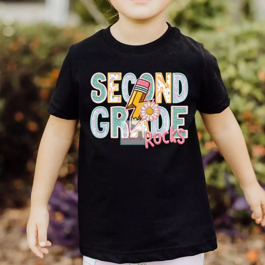 Second Grade Rocks Girl (Faux Embroidery) Grade Level 2nd Grade DTF TRANSFER or UV DTF STICKER