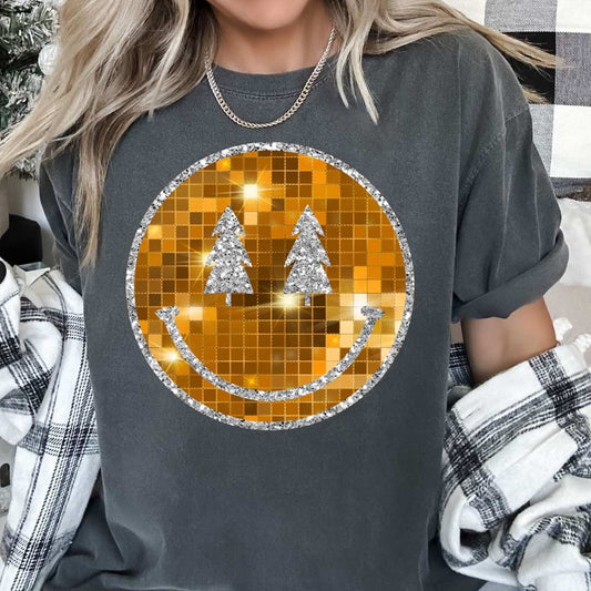 Gold Tree Smiley (Faux Sequins) DTF TRANSFER or UV DTF STICKER