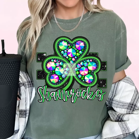 Checkered Shamrocks Faux Embroidery St. Patrick's Day School Mascot DTF TRANSFER