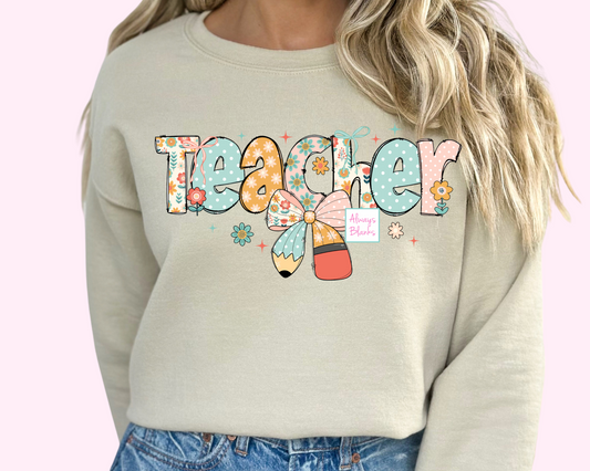 Teacher Patchwork Bow DTF TRANSFER or UV DTF STICKER DECAL
