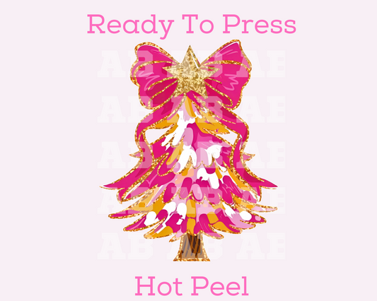 Pink Brushstroke Coquette Bow Tree Christmas DTF TRANSFER or UV DTF STICKER