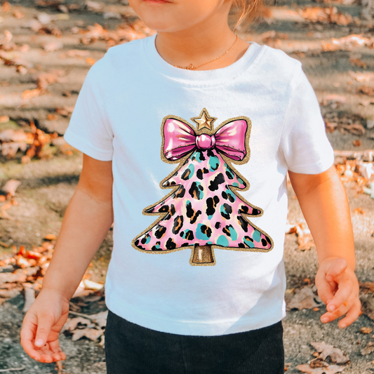 Pink Leopard Tree Coquette Bow Christmas DTF TRANSFER or UV DTF STICKER DECAL