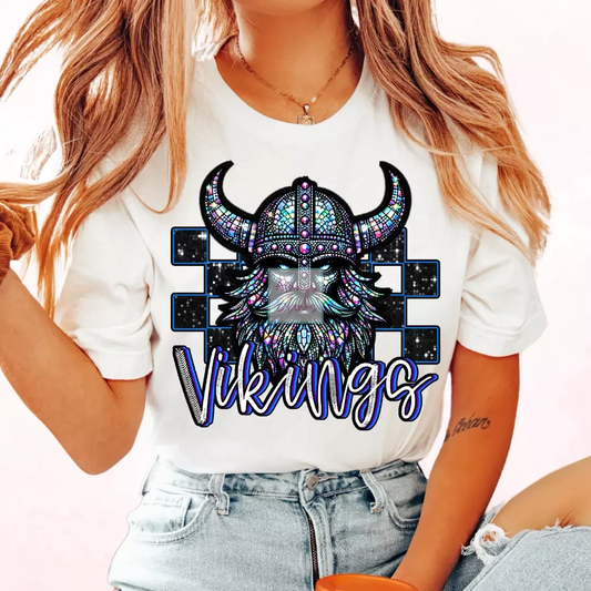 Checkered Vikings Faux Embroidery School Mascot DTF TRANSFER or UV DTF STICKER